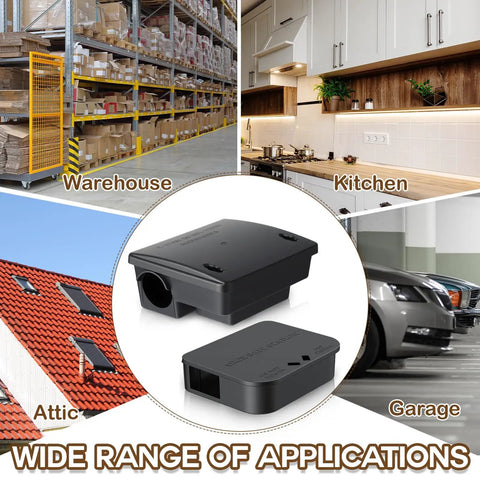8 Pack Key Required Rat Station Boxes With 2 Large And 6 Compact Lockable Bait Stations Weather Resistant Outdoor Rodent Boxes For Indoor Or Outdoor Use in various locations including attic, kitchen, and garage.