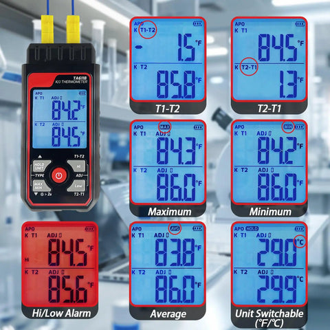Go-To Dual Channel Digital K Type Thermocouple Thermometer With 2 HVAC Clamps And 2 Probes, Wide -328 To 2500 F Range, LED Backlight, Adjustable Compensation, Handy HVAC Lab Tool For Quick Readouts.