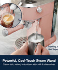 Compact Espresso Machine And Cold Brew Coffee Maker With Automatic Milk Frother Wand For Next Level Hot Iced Coffee Crafts And Dope Daily Sips In Sleek Rose Pink frothing milk with steam wand.