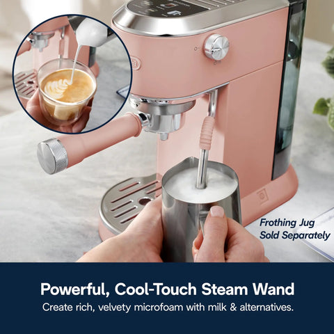 Compact Espresso Machine And Cold Brew Coffee Maker With Automatic Milk Frother Wand For Next Level Hot Iced Coffee Crafts And Dope Daily Sips In Sleek Rose Pink frothing milk with steam wand.