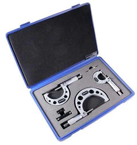 Three Piece Ultra Precision Outside Micrometers Set 0 To 3 Inches With 0.0001 Inch Vernier Graduations M Type Carbide Tips in case