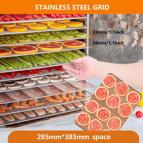Kickin Out Top Shelf Snacks With This Twenty Tray Electric Food Dehydrator Featuring Smart Heat Controls And Vigorous Airflow For Preserving Harvests And Cranking Out Jerky On Demand, showcasing stainless steel racks with fruits and vegetables.