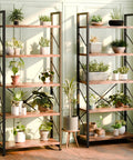 Five Tier Bookshelf Rack Industrial Modern Tall Bookcase For Living Room Bedroom And Office Dope Brown Wood Shelf With Plants