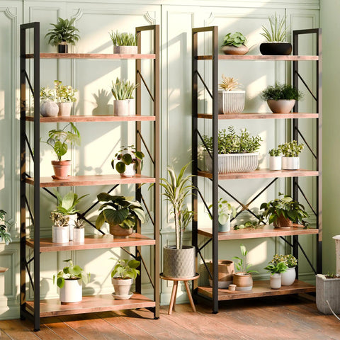 Five Tier Bookshelf Rack Industrial Modern Tall Bookcase For Living Room Bedroom And Office Dope Brown Wood Shelf With Plants