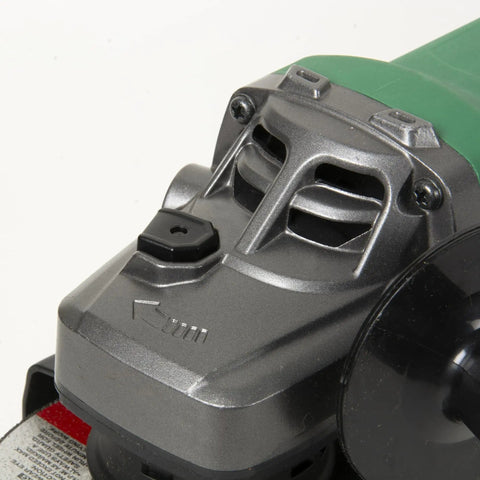 Close-up of Beefy 4.5 Inch Angle Grinder With 10.5 Amp Motor, Paddle Switch, showing metal and plastic housing details.