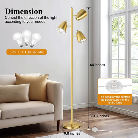 Three Arm Floor Lamp With 360 Degree Adjustable Reading Arms In Brushed Gold Tall Pole Standing Lamp shown with dimensions in living room