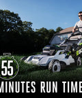 Man mowing lawn with Cordless Electric Lawn Mower With 56V 6.0Ah Battery And 320W Charger, showcasing 55-minute runtime.