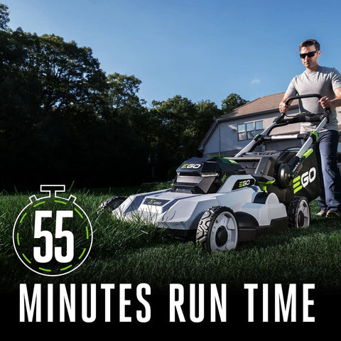 Man mowing lawn with Cordless Electric Lawn Mower With 56V 6.0Ah Battery And 320W Charger, showcasing 55-minute runtime.