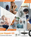 Dryer Repair Kit with Drum Roller Belt and Idler Pulley Replacement for Most Dryers, shown fixing various dryer issues.