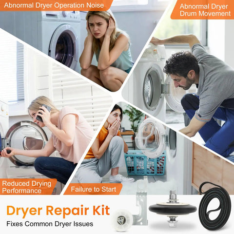 Dryer Repair Kit with Drum Roller Belt and Idler Pulley Replacement for Most Dryers, shown fixing various dryer issues.