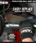ARES pickle fork ball joint separator in use on a vehicle suspension; 15/16-inch tapered fork, knurled handle.