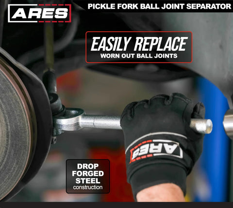 ARES pickle fork ball joint separator in use on a vehicle suspension; 15/16-inch tapered fork, knurled handle.