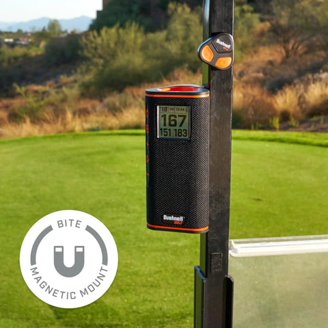 Wingman View Golf Speaker With GPS Yardage And Hazard Alerts On Course LCD Screen Remote Control Magnetic Cart Mount