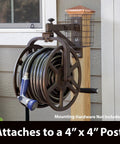 Single Arm Garden Hose Reel With 360 Degree Rotation Holds 125 Feet Of Five Eighths Inch Hose mounted on 4x4 post