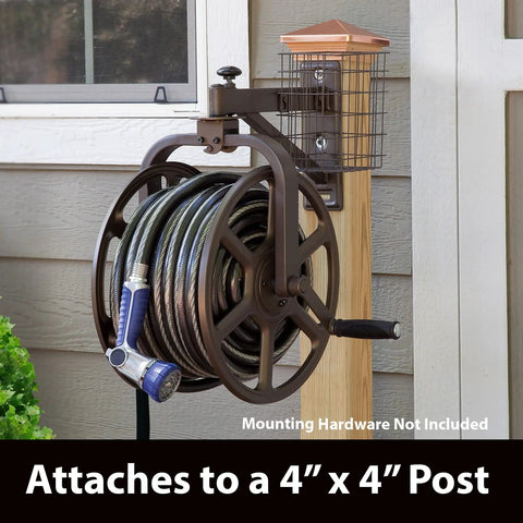 Single Arm Garden Hose Reel With 360 Degree Rotation Holds 125 Feet Of Five Eighths Inch Hose mounted on 4x4 post