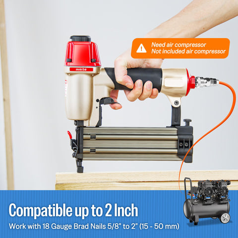 Hand holding 18 Gauge Pneumatic Brad Nailer Kit With 2000 Nails Included Lightweight Finish Nail Gun For Trim And Small Woodwork
