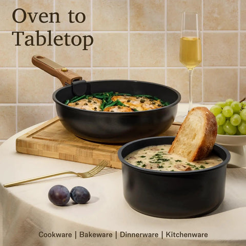 15 Piece Ceramic Cookware Set With Detachable Handles, Nonstick Pots And Pans For Induction, table setting with soup and bread