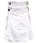 Badass Men's Utility Kilt Tailored From Heavy 16 Oz Premium Cotton With Four Genuine Leather Straps Deep Cargo Pockets And Sharp Front Pleats In Clean White, front view highlighting deep cargo pockets.