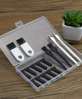 17 Piece Herb Grinder Cleaning Kit With Scrapers Spoons Long And Short Brushes And Storage Box on wooden surface