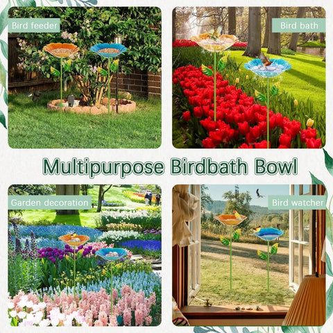 Multipurpose use of Colorful Metal Bird Bath for Outdoors, Flower Garden Hummingbird Bath on Five Stakes, 2 Pack in gardens.