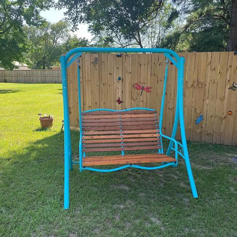 Outdoor blue metal and wooden porch swing with Heavy Duty Hammock Chair Spring 1100Lbs 4 Inch Hook for smooth suspension.
