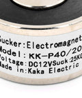 Label on Beefy 12V 250N Suction Magnet Electromagnet Round 40x20mm Lifting Solenoid for assembly lines and robotic arms.