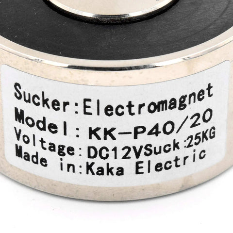 Label on Beefy 12V 250N Suction Magnet Electromagnet Round 40x20mm Lifting Solenoid for assembly lines and robotic arms.