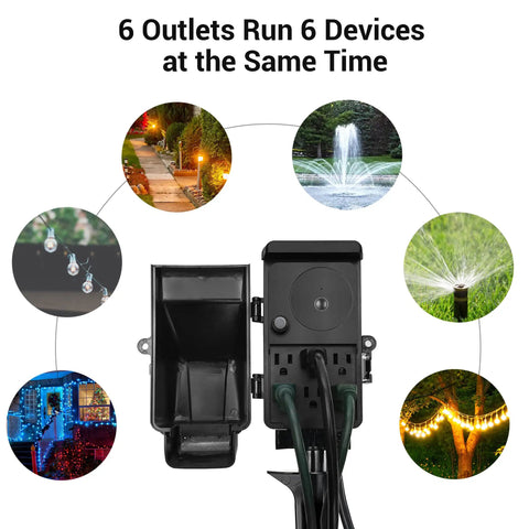 WiFi Smart Yard Stake Plug With Six Outlets, Waterproof Power Timer, 6Ft Cord shown with connected outdoor lights.