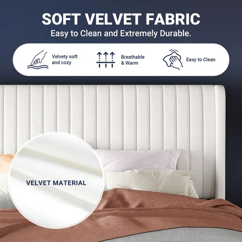 Soft velvet fabric of the White Queen Velvet Bed Frame With Upholstered Wingback Headboard And Vertical Tufted Design.