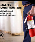 Person holding commercial fire extinguisher with all-metal valve, designed for Class A/B/C fires in office and school settings.
