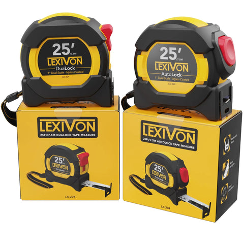 Two Pack 25 Foot Tape Measure With DuaLock And AutoLock, 1 Inch Wide Nylon Coated Blade, Matte White And Yellow, on packaging