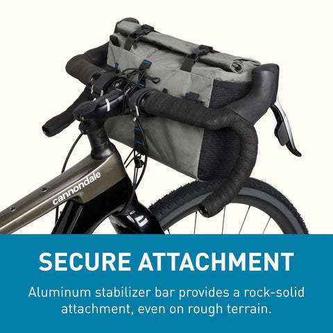 MULE 12 Bikepacking Handlebar Bag IPX5 Waterproof Roll-Top With Aluminum Stabilizer Bar attached to bike handlebars.