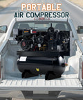 Rugged 13 Horsepower Gas Air Compressor Featuring A Bulletproof 30 Gallon Horizontal Tank that pushes 180 PSI in a truck bed.