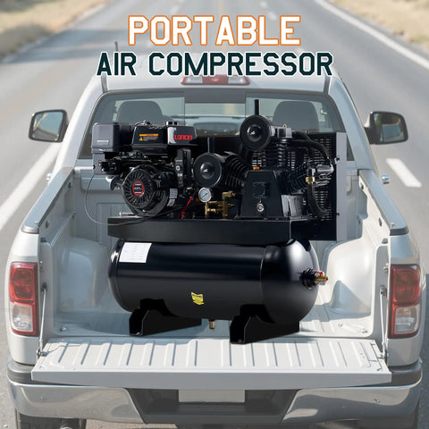 Rugged 13 Horsepower Gas Air Compressor Featuring A Bulletproof 30 Gallon Horizontal Tank that pushes 180 PSI in a truck bed.