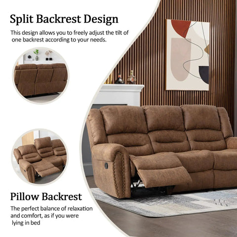 Manual Recliner Sofa Set With Overstuffed Arms And High Back Faux Leather 3 Piece Couch In Nut Brown Vintage Rivet Trim