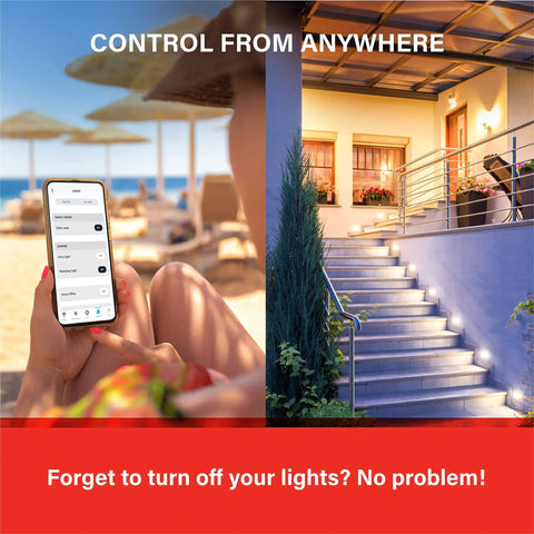 Person on beach controlling Alexa Enabled Smart Light Bulbs Four Pack With Auto Pairing No App Or Hub Needed remotely via phone app