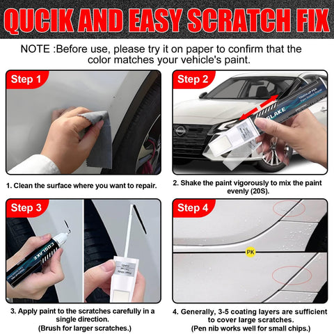 Steps for using Nissan Pearl White TriCoat Touch Up Paint 2 In 1 Scratch Repair Kit with Quick Apply Remover Pen on vehicle.