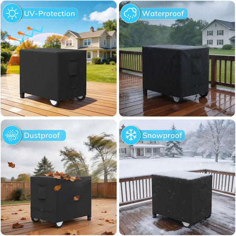 Outdoor Prep Table Cover For 36-Inch Carts And Tables, waterproof and all-weather Oxford fabric shown in various conditions