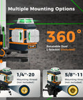 Game Changing Ultra Bright Green Laser Level 3x360 Self Leveling For Construction And Picture Hanging With 1x360 Horizontal And 2x360 Vertical Lines, IP54 Durable, Pinpoint Accuracy 1/9 Inch At 33 Feet, Six Line Modes For Indoor Or Outdoor Projects mounted on rotatable L-bracket