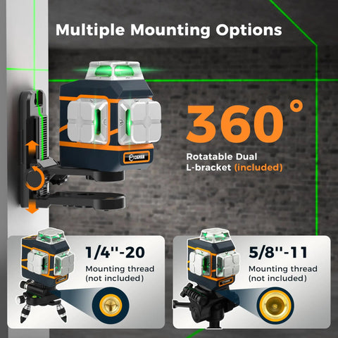 Game Changing Ultra Bright Green Laser Level 3x360 Self Leveling For Construction And Picture Hanging With 1x360 Horizontal And 2x360 Vertical Lines, IP54 Durable, Pinpoint Accuracy 1/9 Inch At 33 Feet, Six Line Modes For Indoor Or Outdoor Projects mounted on rotatable L-bracket