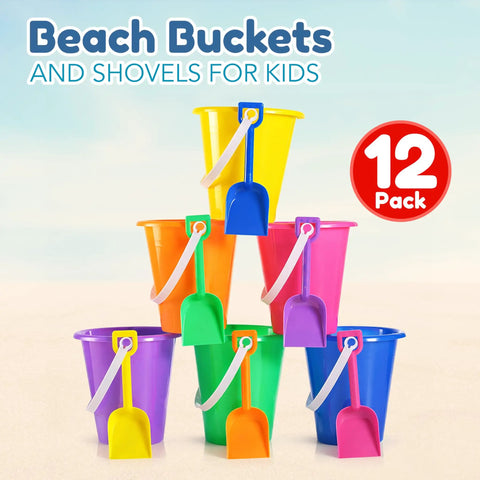 12 Pack Kids Beach Buckets And Shovels Set Five Point Five Inch Small Sand Toys stacked in colorful arrangement.