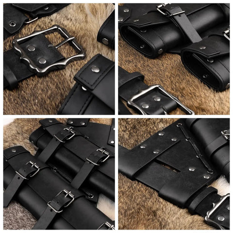 Medieval Double Sword Belt And Sheath Set For Ren Faire Cosplay, vintage leather and metal buckle details, black.