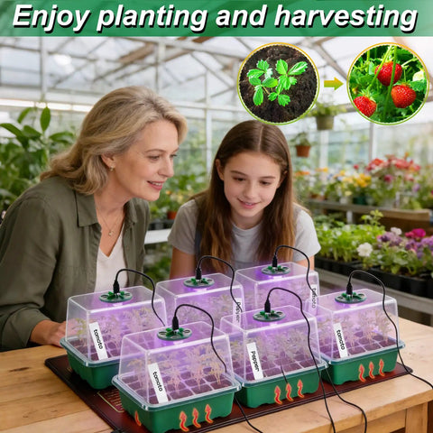 Seed Starter Tray Kit With Grow Light And Heat Mat, 6 Pack 12 Cell Trays, Humidity Domes, USB Powered Lighting, Seedling Tools And Labels For Easy Indoor Gardening And Fast Germination For Newbie Gardeners