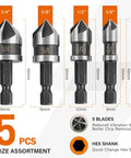 Five Flute Countersink Drill Bit Set Pro Grade Dope Performance 82 Degree High Speed Steel Quarter Inch Hex Shank Five Pieces
