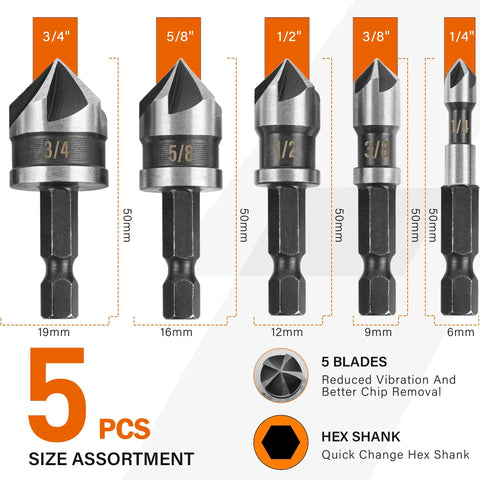Five Flute Countersink Drill Bit Set Pro Grade Dope Performance 82 Degree High Speed Steel Quarter Inch Hex Shank Five Pieces
