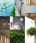 Heavy Duty Stainless Steel Picture Hanging Wire 1.5mm Diameter 100 Feet Long Includes 40 Aluminum Crimping Sleeves Safe Reliable Hanger for Framed Art Photos and String Lights Display, illustrated by various uses in hanging plants, lights, and clothes.