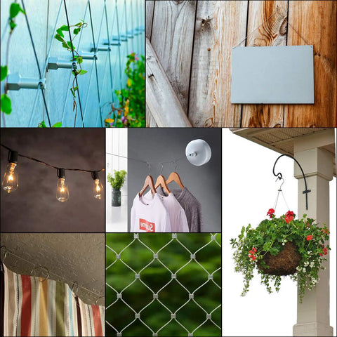 Heavy Duty Stainless Steel Picture Hanging Wire 1.5mm Diameter 100 Feet Long Includes 40 Aluminum Crimping Sleeves Safe Reliable Hanger for Framed Art Photos and String Lights Display, illustrated by various uses in hanging plants, lights, and clothes.