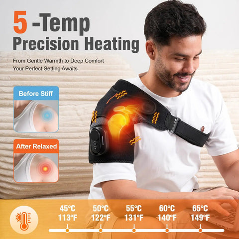 Man using Cordless Shoulder Heating Pad With Detachable Remote, Five Heat Levels And Five Vibration Modes, Heated Shoulder Wrap Massager for pain relief.