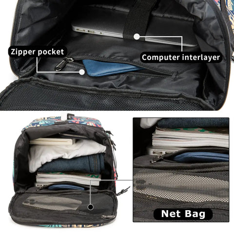 Interior view of 40L Waterproof Gym Duffle Bag with zipper pocket, computer interlayer, and net bag compartments.