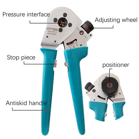 Closed Barrel Crimping Tool For Solid Contacts With 4-Way 8-Indent Crimpers DT Series, teal handles, labeled parts view.